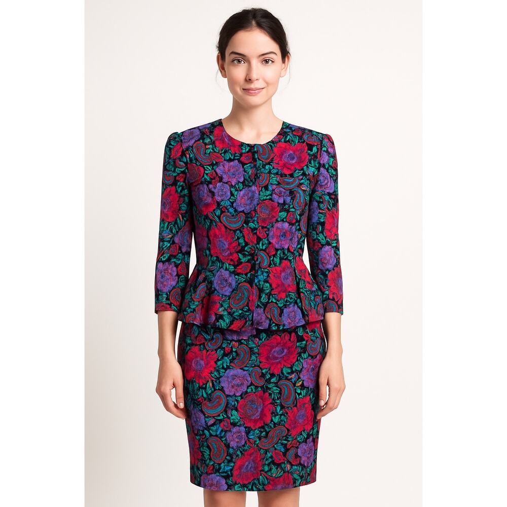 80s Bobby’s Girl Floral Paisley Rayon Peplum Blouse & Skirt Set USA small